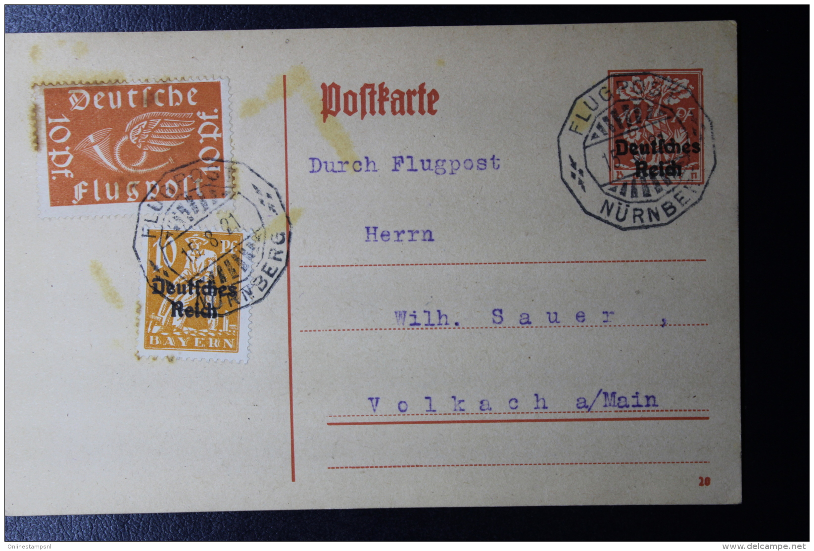 Deutsche Reich Special Probeflug Luftpost 1921 Nürnberg -&gt; Volkach  Mi 112  Auf Postkarte P129 - Poste Aérienne & Zeppelin