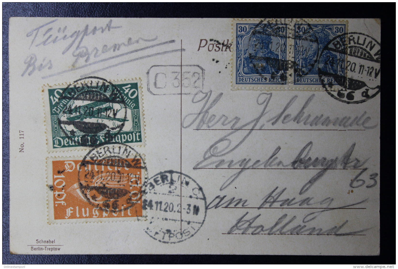 Deutsche Reich  Luftpostkarte 24-11-1920 Mi 87 Paar + 111 - 112 Berlin -&gt; Den Haag Holland - Airmail & Zeppelin