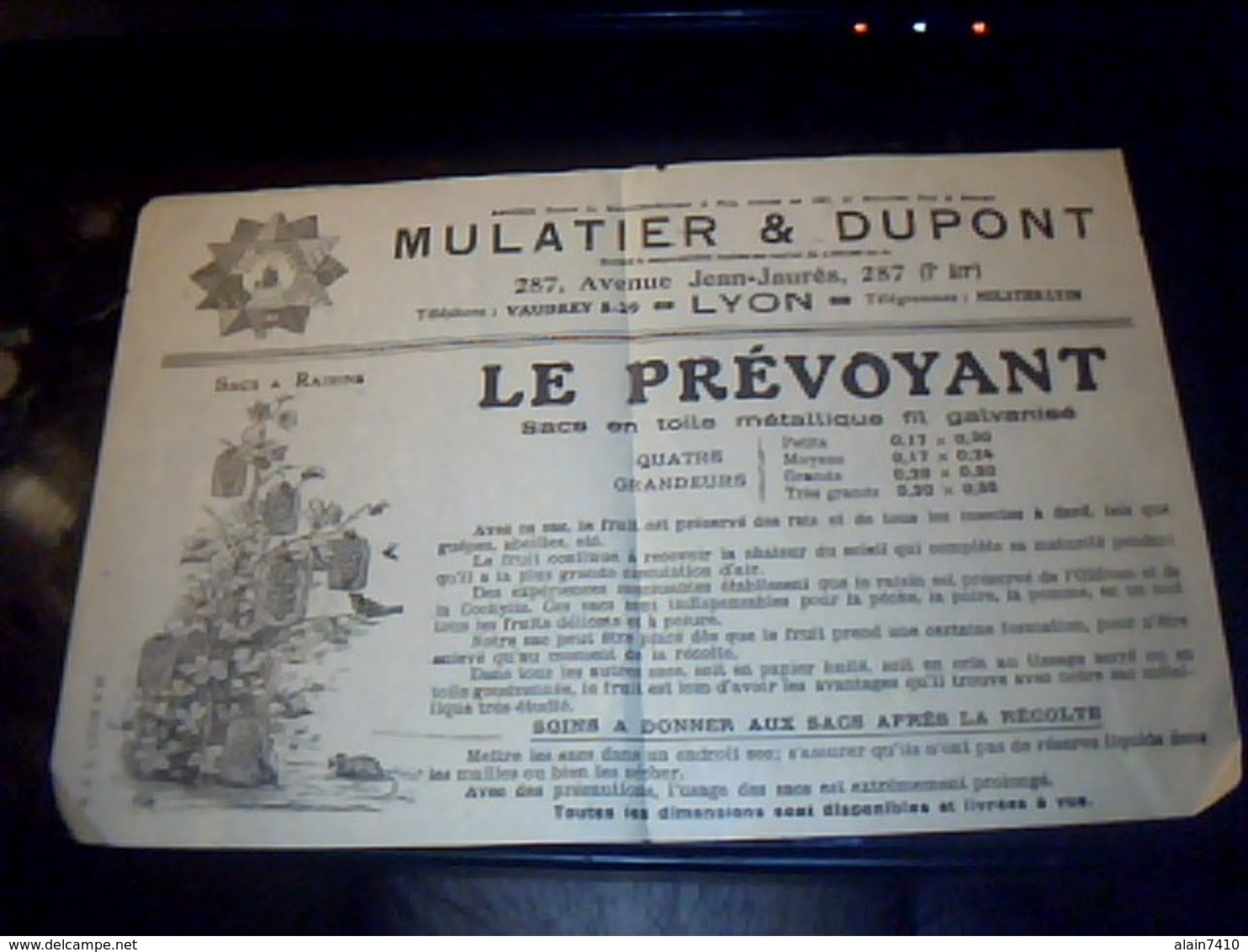 Tract Publicitaire Mulatier Et Dupont Fabrique De  Sac En Toile Metallique En Fil  Galvanisé  LE PREVOYANT  A Lyon - Publicités