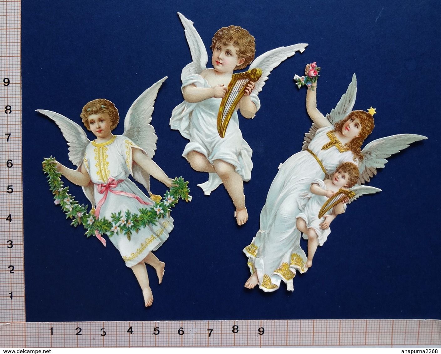 3 CHROMOS DECOUPIS    H:  8 Cm      ANGES AVEC FLEURS  HARPE - Angeli