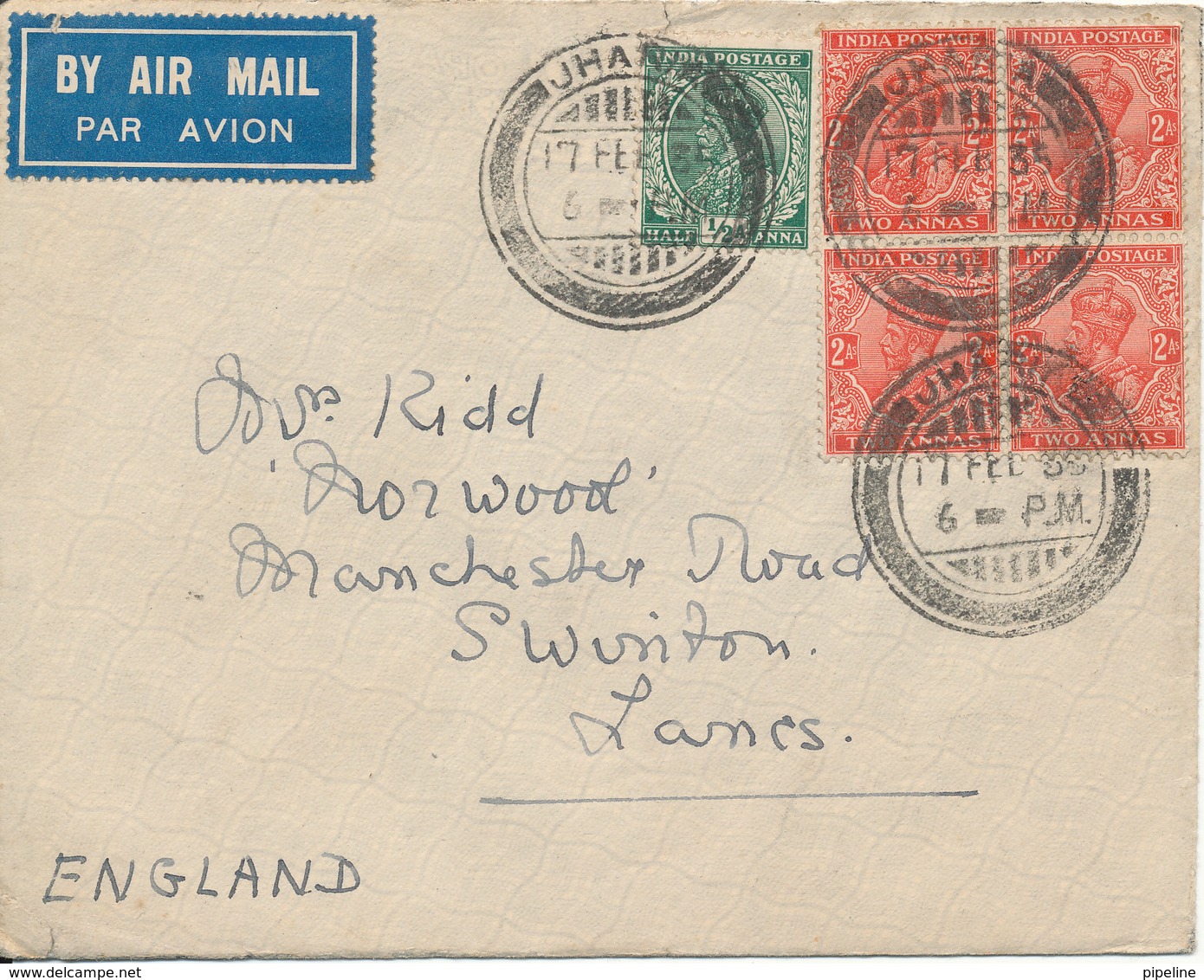 India Cover Sent Air Mail To England 17-2-1935 Good Franked Incl. A Block Of 4 - 1911-35 Roi Georges V