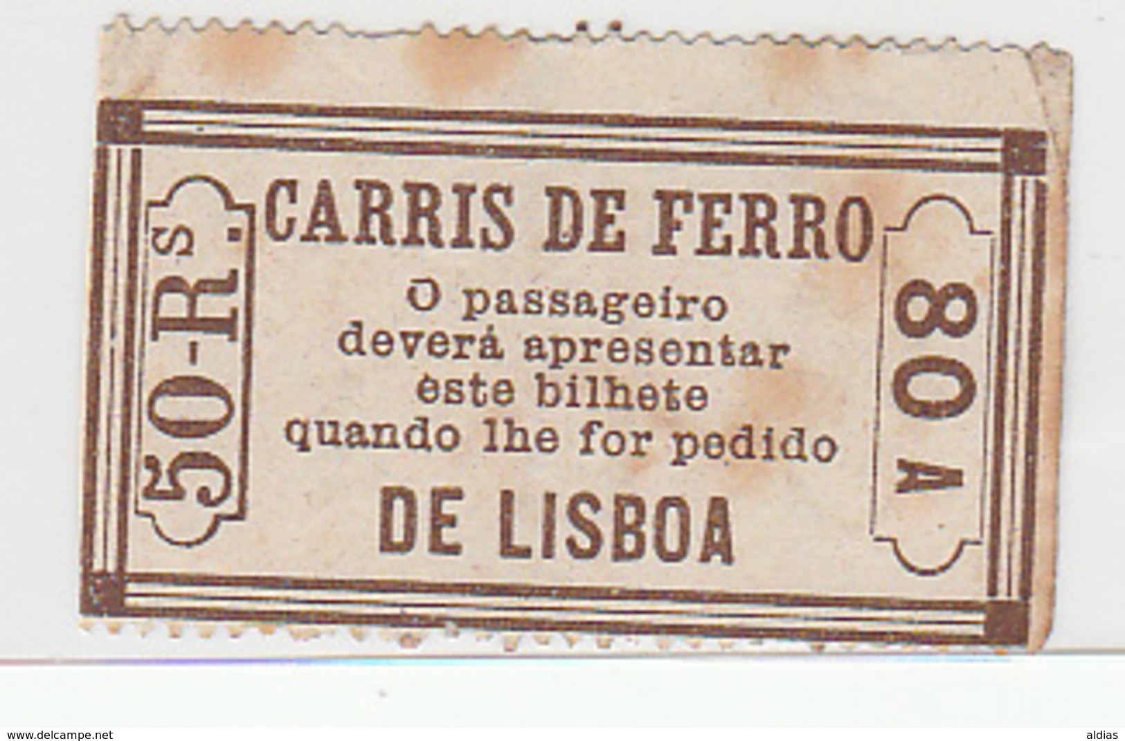 Portugal Carris De Ferro De Lisboa - Horse Drawn Tram Ticket 50 Reis (crc 1880) - Europe