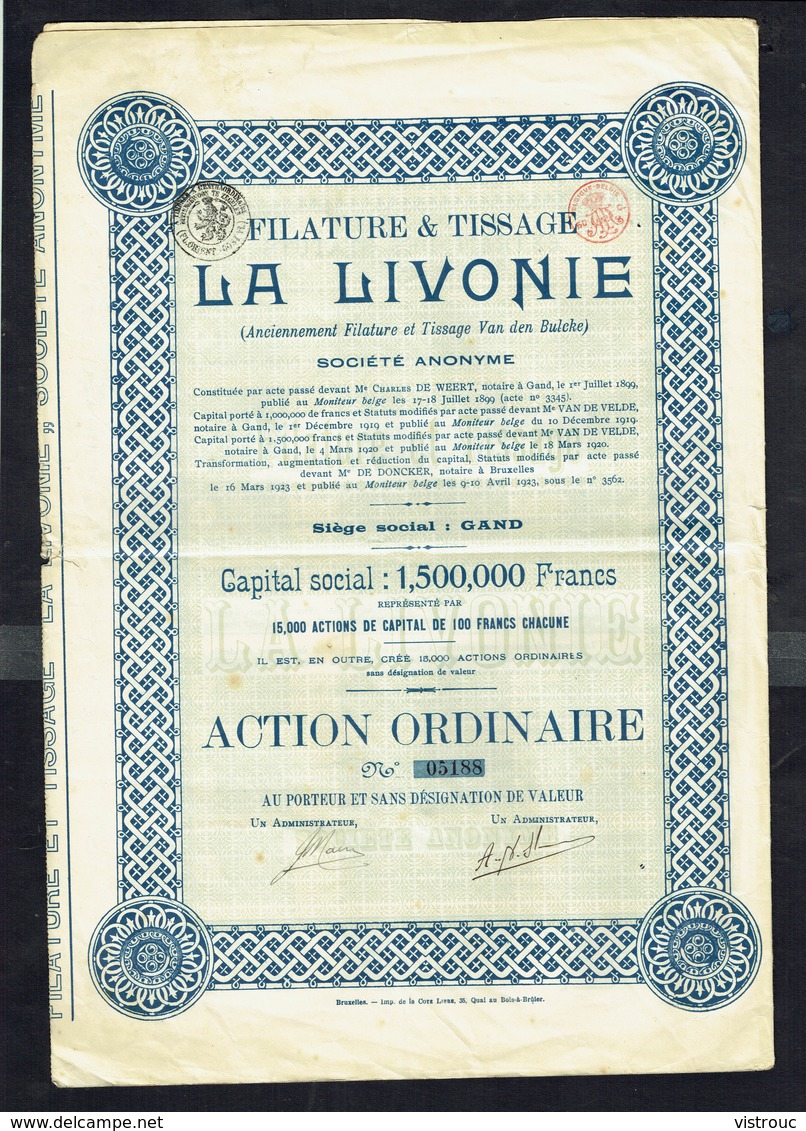 Filature & Tissage LA LIVONIE S.A. - ACTION ORDINAIRE N° 05188 - 1923. - Textile