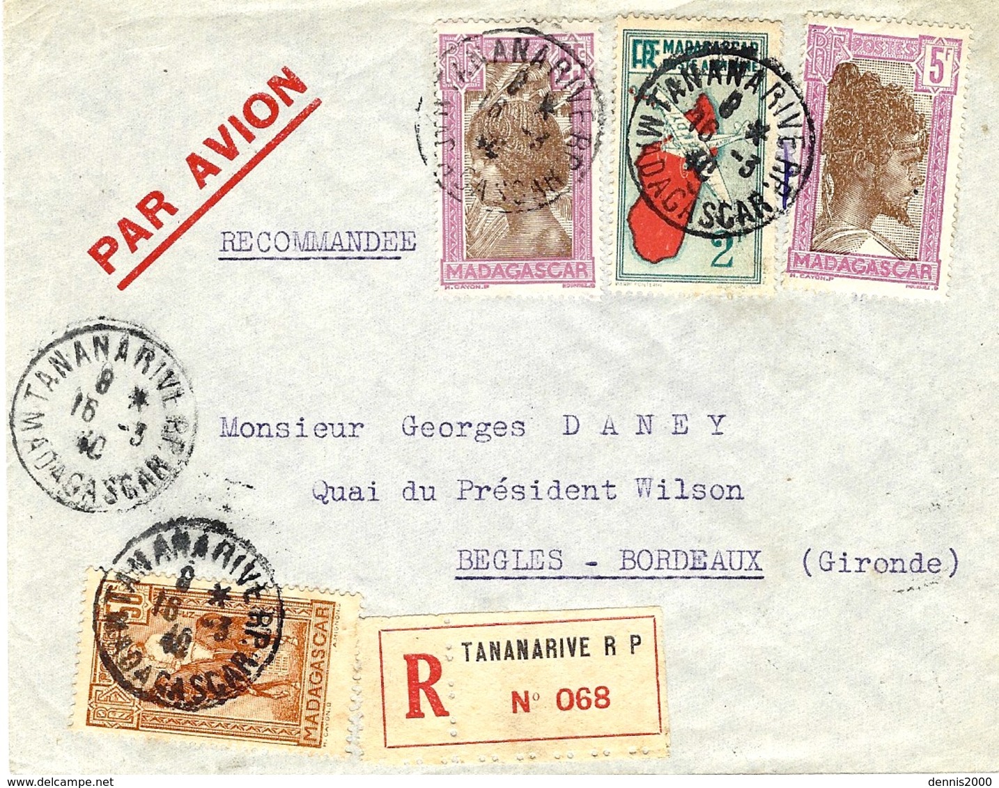 1940- Enveloppe RECC. De Tananarive  Par Avion Affr. 7,75 F - Lettres & Documents
