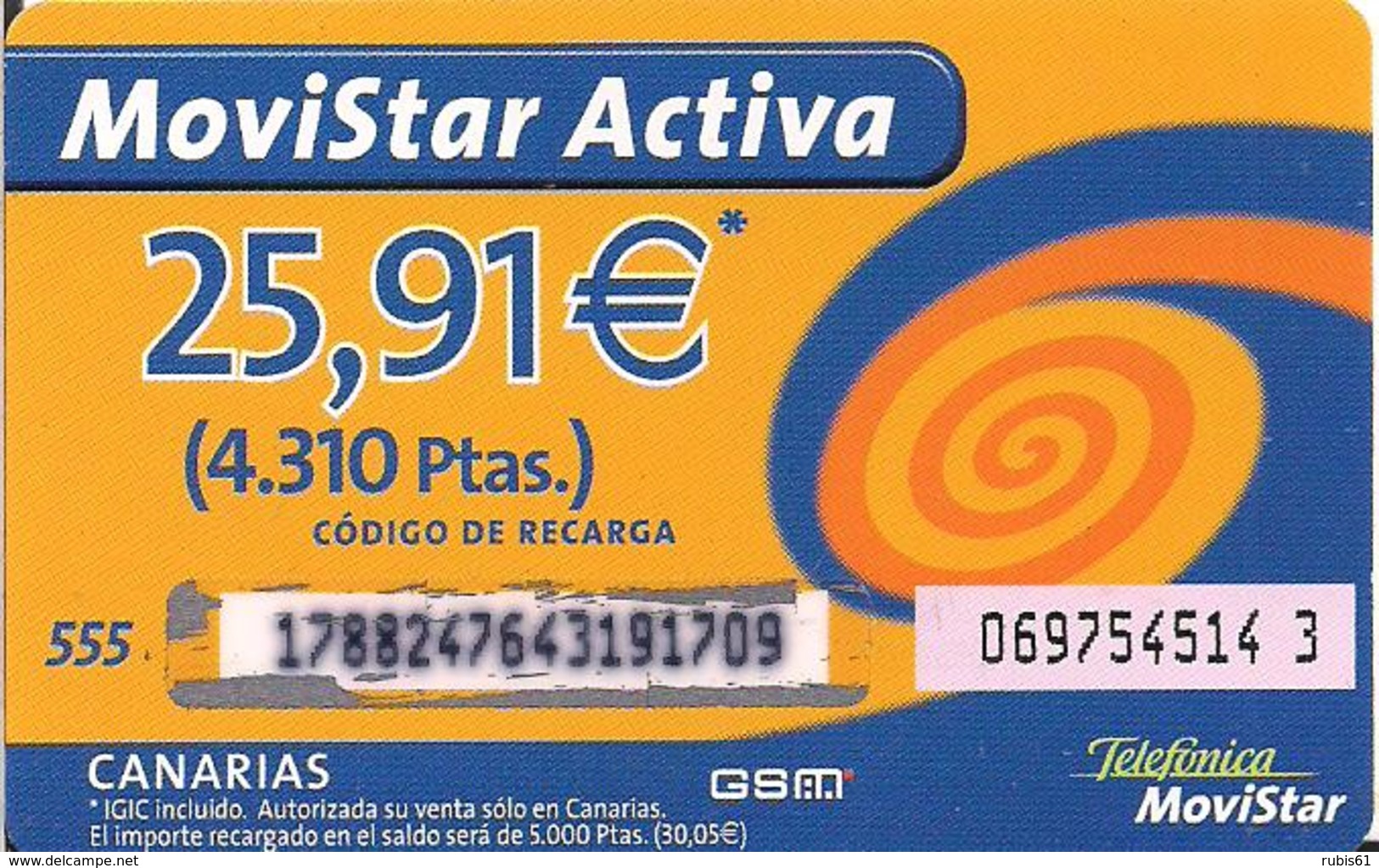 TARJETA MOVISTAR ACTIVA 25,91E CANARIAS RARE - Sin Clasificación