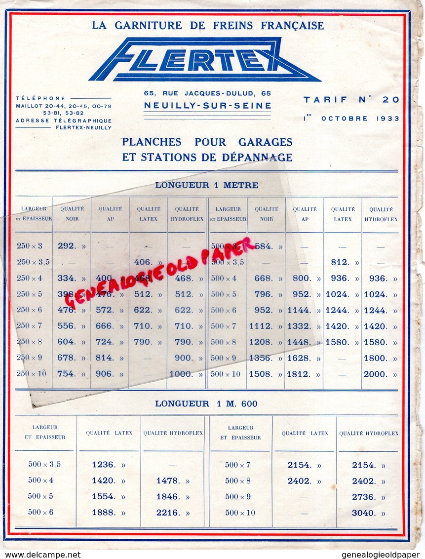 92- NEUILLY SUR SEINE- TARIF 1933  FLERTEX -GARNITURE DE FREINS-65 RUE JACQUES DULUD- POUR GARAGE - Automobil