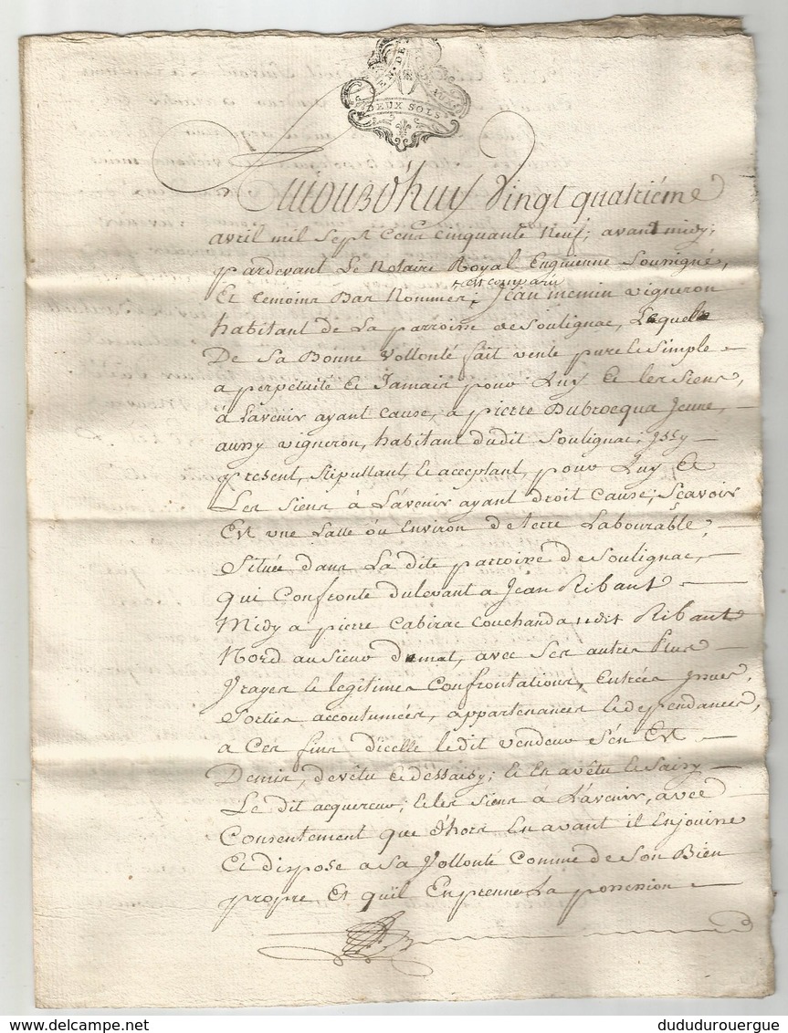 GENERALITE DE BORDEAUX , 1759 : ACTE DE VENTE DE TERRE A SOULIGNAC - Manuscripten