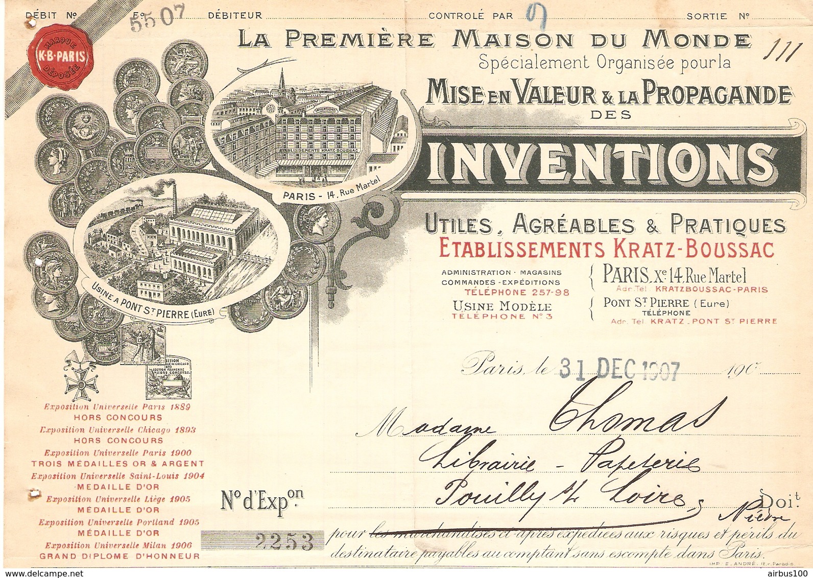 FACTURE 1907 Éts KRATZ BOUSSAC 14 RUE MARTEL PARIS 10 ème - INVENTIONS & PROPAGANDE - USINE PONT SAINT PIERRE - POUILLY - Autres & Non Classés