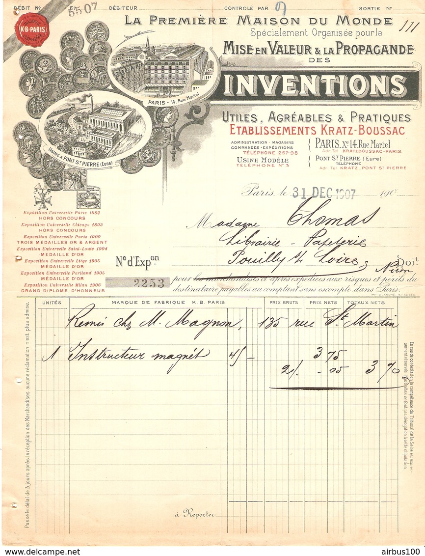 FACTURE 1907 Éts KRATZ BOUSSAC 14 RUE MARTEL PARIS 10 ème - INVENTIONS & PROPAGANDE - USINE PONT SAINT PIERRE - POUILLY - Autres & Non Classés