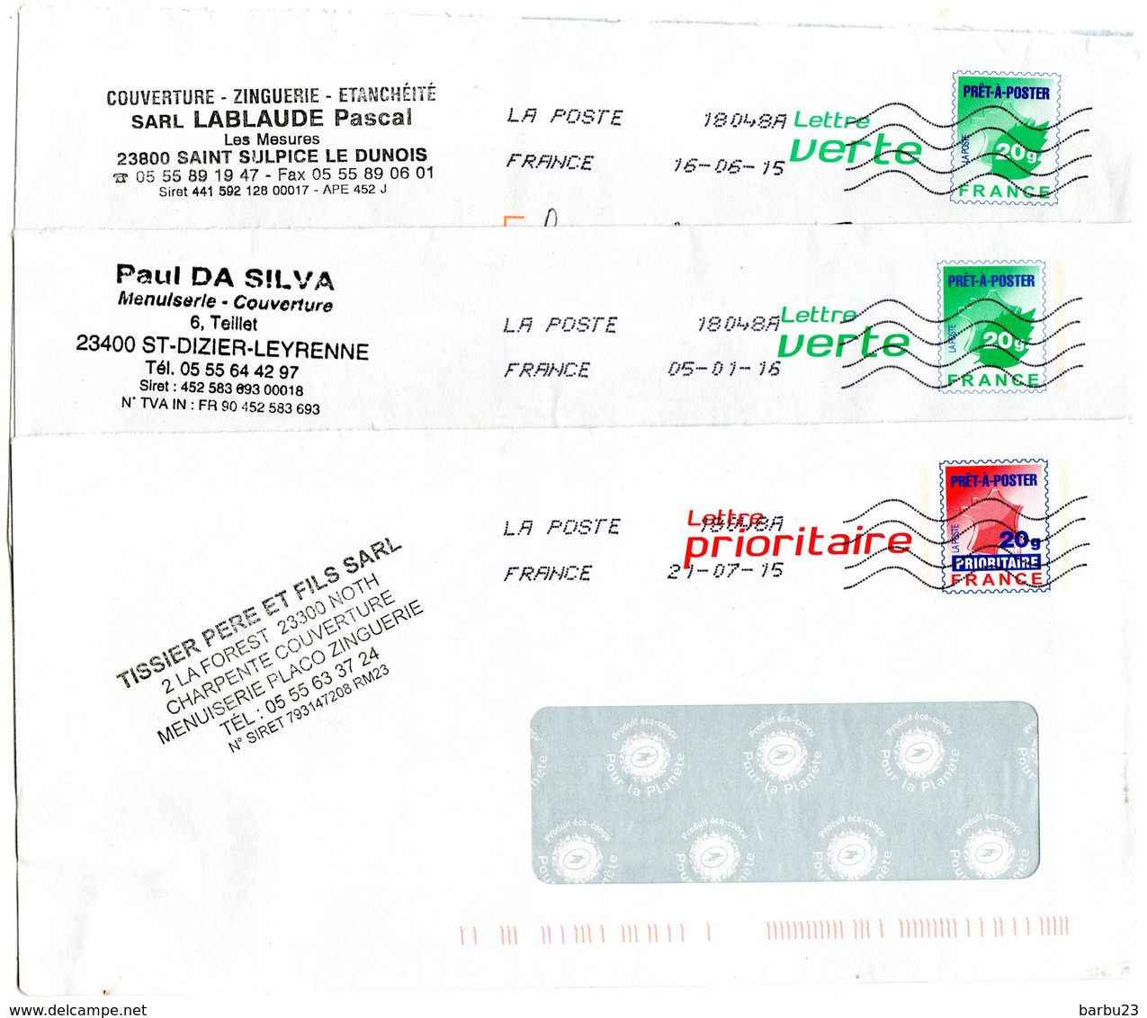 Lot De 3 PAP Pret à Poster  Lettre Verte Feuille  20g Et Prio Rouge France 20g (14U337, 14U109, 14U108A) - Prêts-à-poster:  Autres (1995-...)