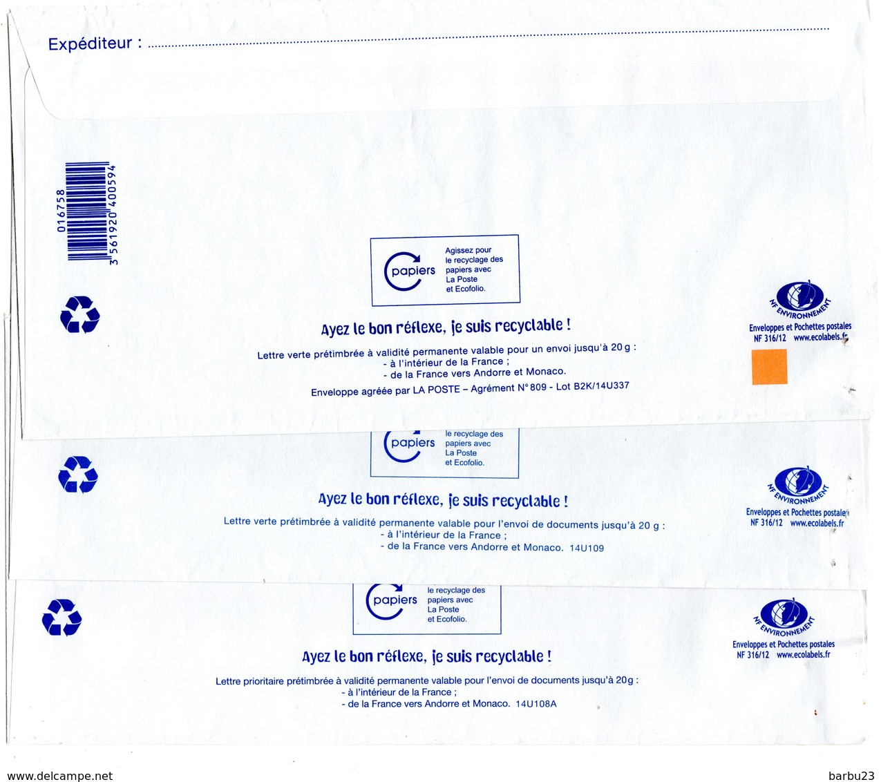 Lot De 3 PAP Pret à Poster  Lettre Verte Feuille  20g Et Prio Rouge France 20g (14U337, 14U109, 14U108A) - Prêts-à-poster: Other (1995-...)