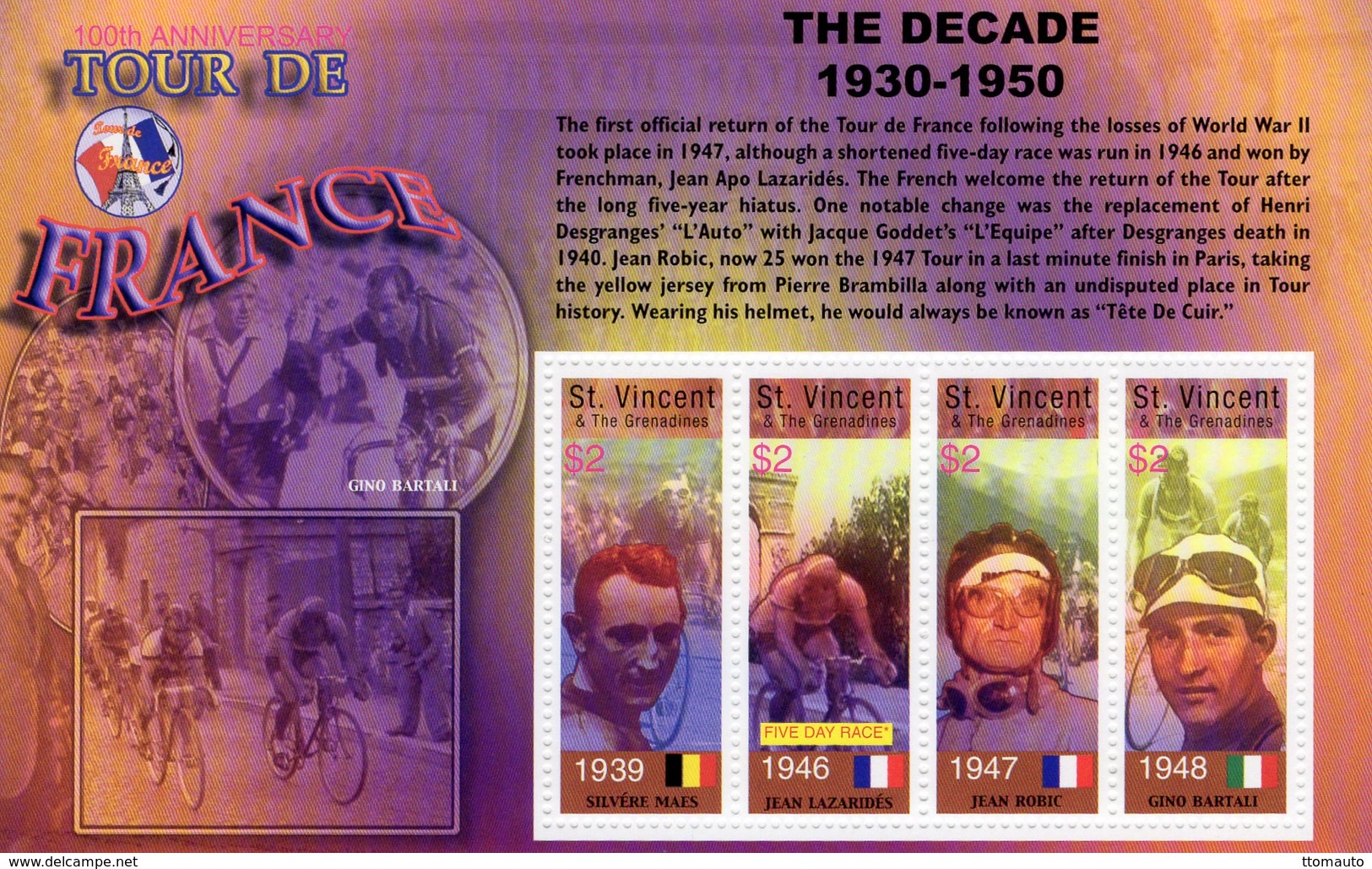 St Vincent  -  TOUR DE FRANCE - Silvere Maes-Jean Lazaridés-Jean Robic-Gino Bartali  - 4v Sheet MNH Neuf - Cycling