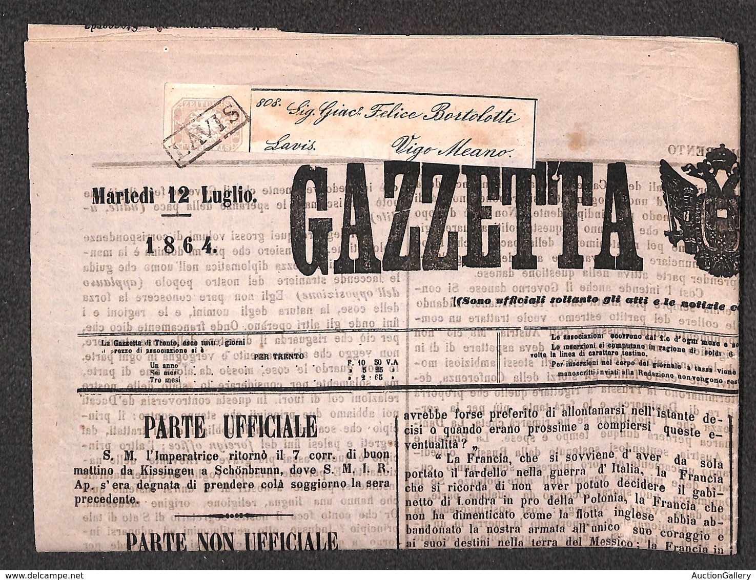 ANTICHI STATI - TERRITORI ITALIANI D’AUSTRIA - Lavis (P.ti 8) - 1,05 Kreuzer (11-Giornali) Corto A Sinistra Su Giornale  - Altri & Non Classificati