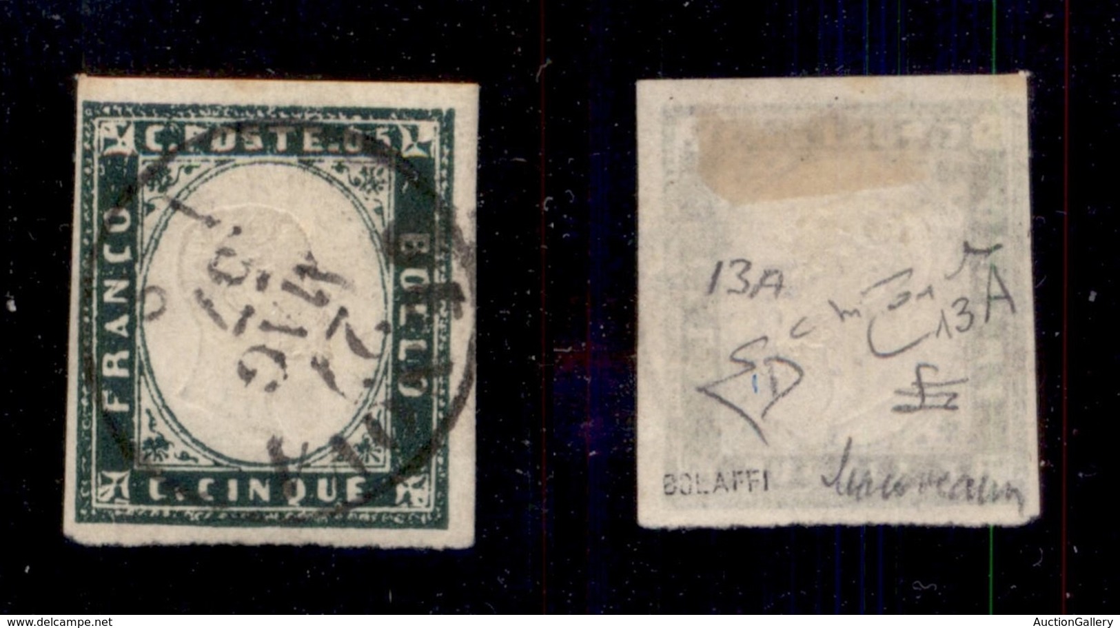 ANTICHI STATI - SARDEGNA - 1857 - 5 Cent (13A-verde Mirto) Usato - Bolaffi + Macoveann + Diena + Cert. Raybaudi (900) - Sardegna