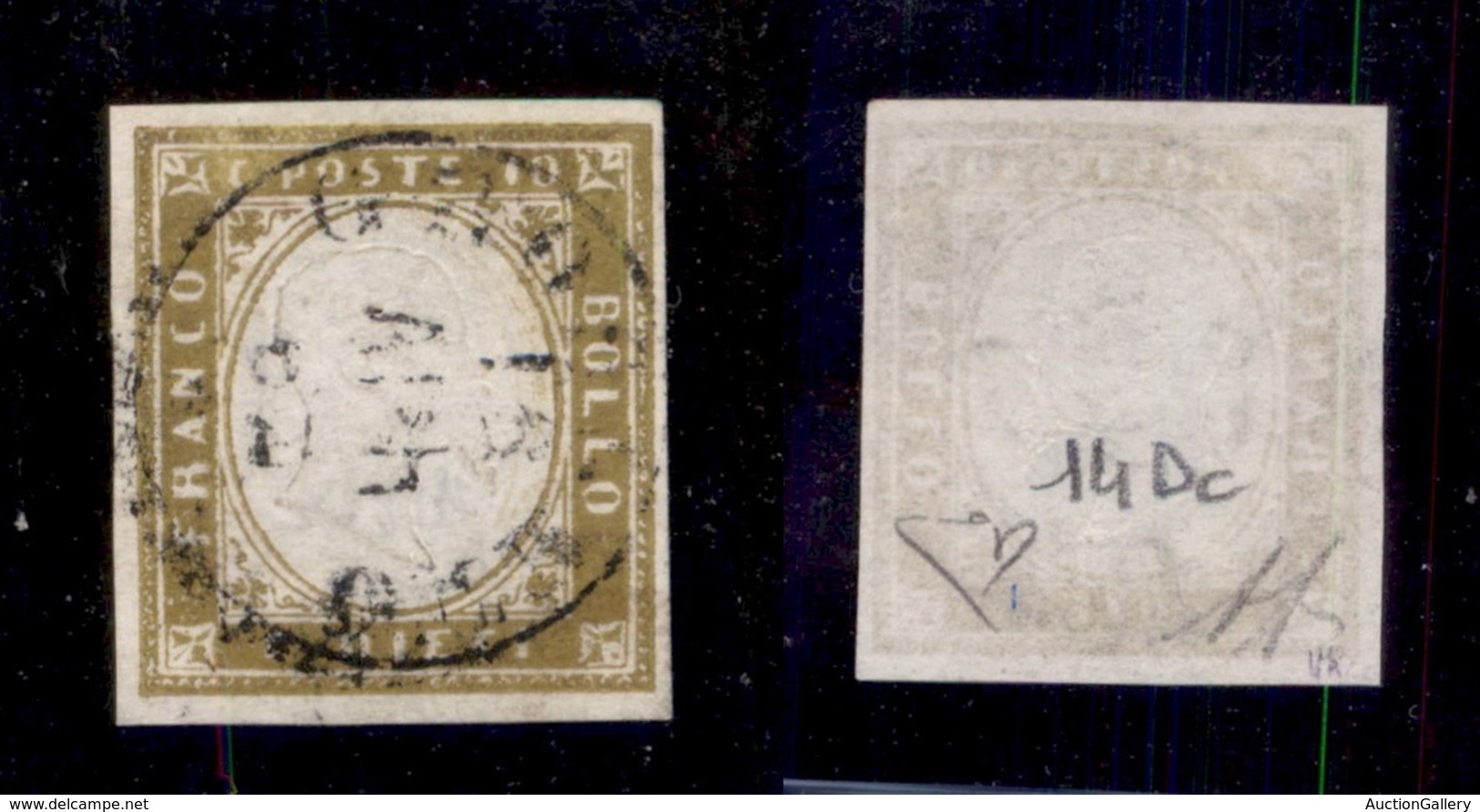 ANTICHI STATI - SARDEGNA - 1862 - 10 Cent (14Dc-giallo Olivastro) Usato - Cert. Diena (3.250) - Sardinia