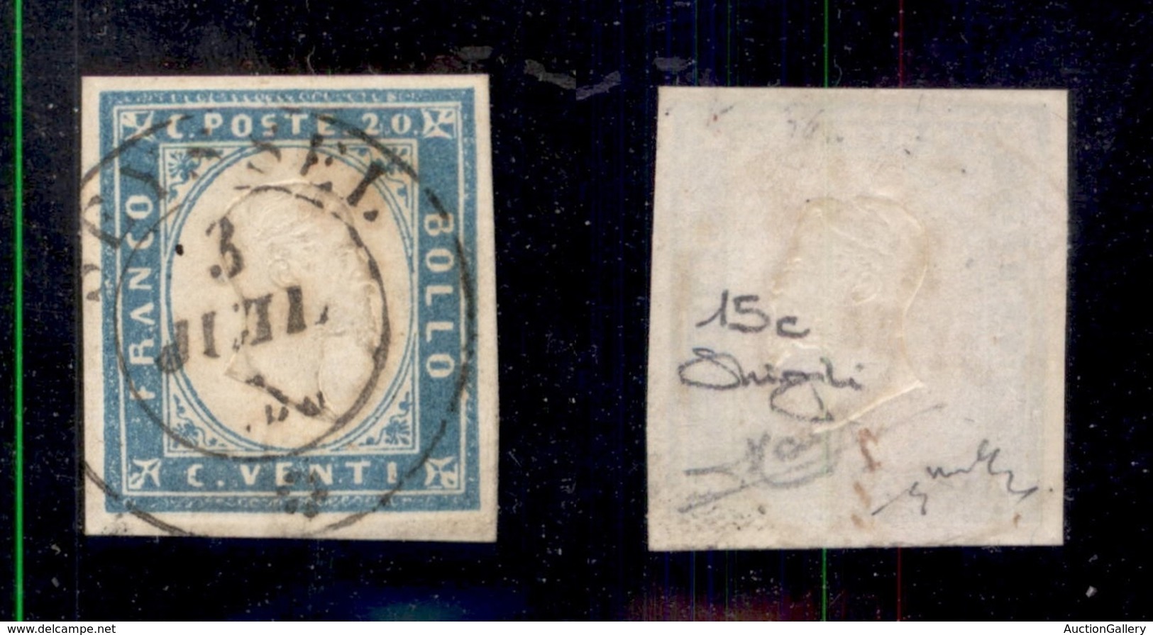 ANTICHI STATI - SARDEGNA - 1855 - 20 Cent (15c-cobalto Latteo Chiaro) Usato A Seyssel (P.ti 8) - Molto Bello - Chiavarel - Sardinia