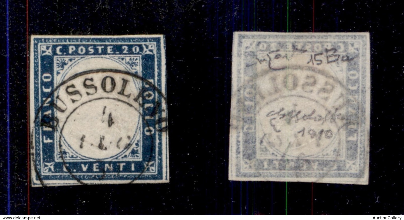 ANTICHI STATI - SARDEGNA - 1859 - 20 Cent (15Ba-cobalto Oltremare) Usato A Bussoleno (P.ti 8) - G.Bolaffi + Raybaudi - Sardinien