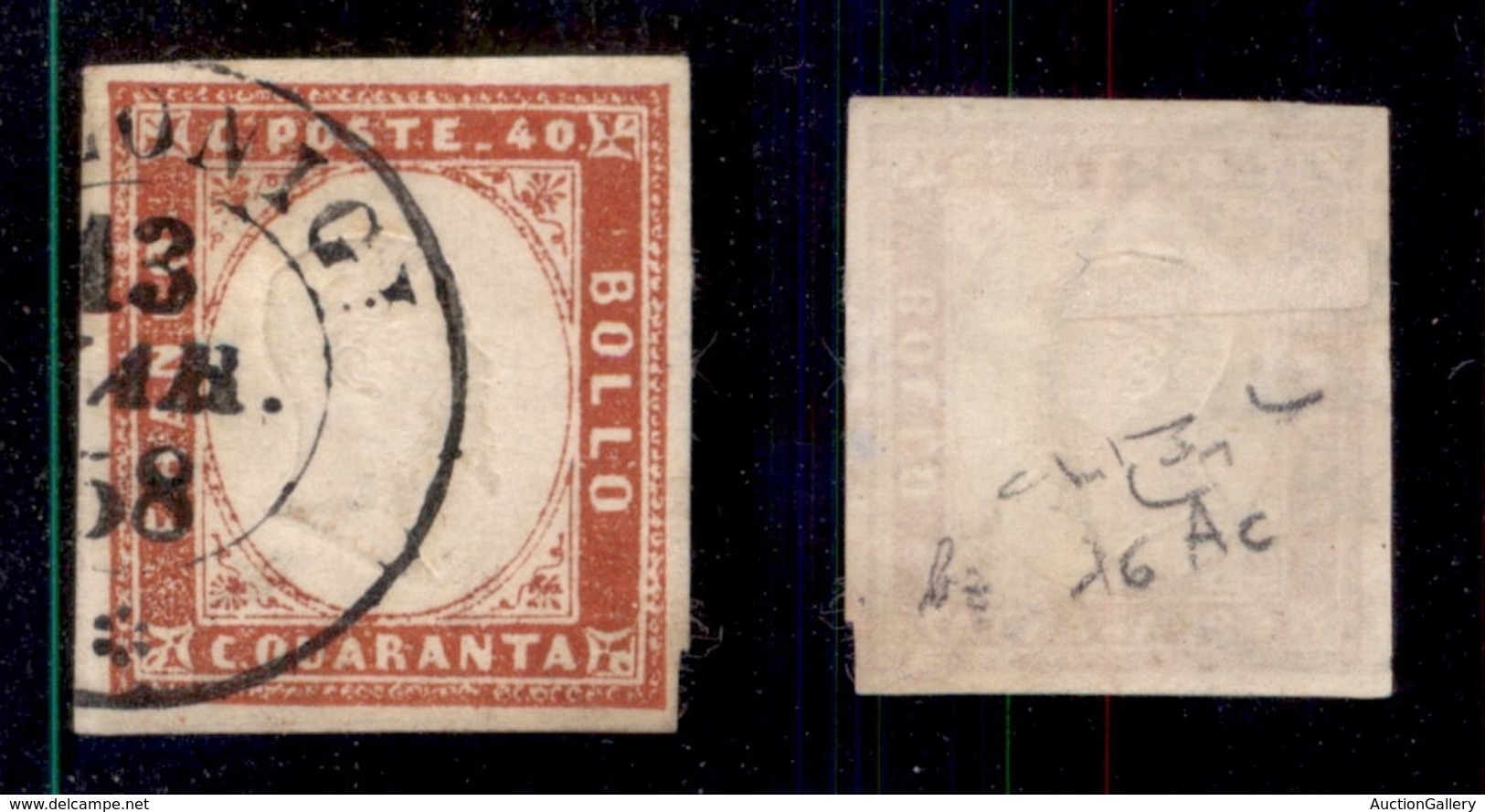 ANTICHI STATI - SARDEGNA - 1857 - 40 Cent (16Ac-vermiglio Arancio Scuro) Usato A Racconigi - Raybaudi (200) - Sardinia