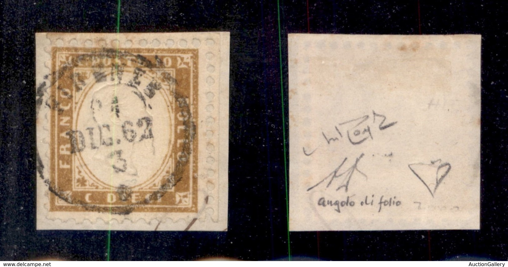 REGNO D'ITALIA - 1862 - 10 Cent (1) Angolo Di Foglio (pos.5) Usato Su Frammento - Molto Bello - Cert. Diena + Cert. Rayb - Otros & Sin Clasificación