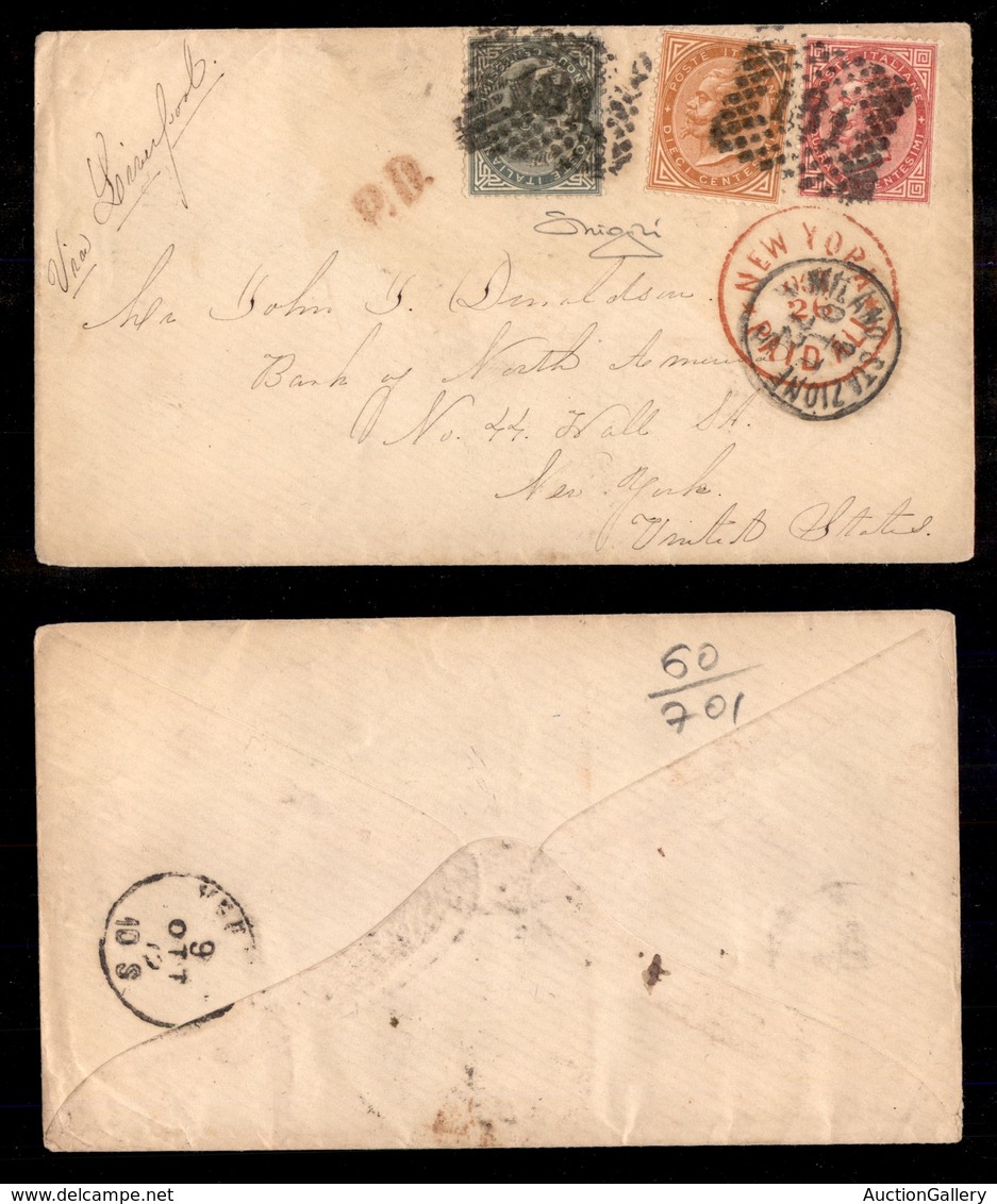 REGNO D'ITALIA - Tricolore De La Rue - 5 Cent (L16) + 10 Cent (L17) + 40 Cent (L20) - Bustina Da Milano A New York Del 2 - Otros & Sin Clasificación