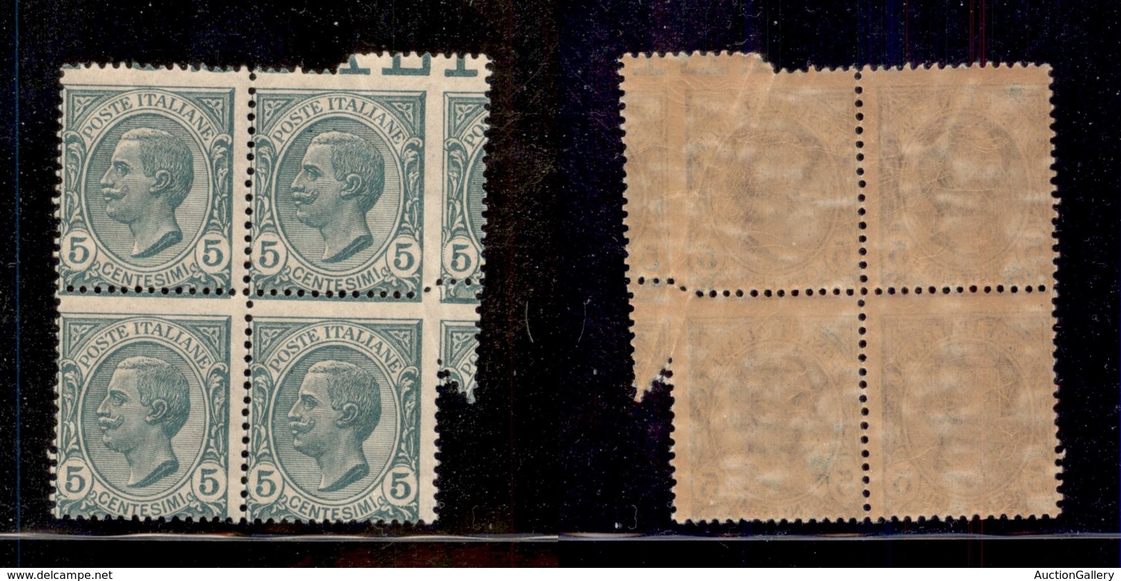 REGNO D'ITALIA - 1906 - 5 Cent Leoni (81) - Quartina Bordo Foglio Con Dentellatura Destra Fortemente Spostata - Gomma In - Otros & Sin Clasificación