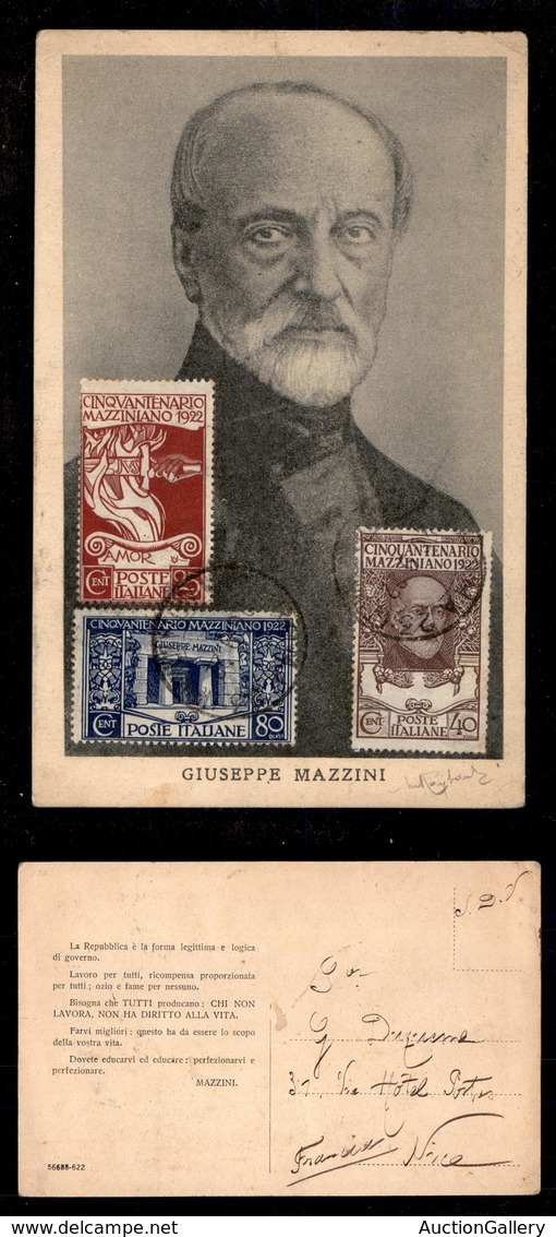 REGNO D'ITALIA - 1922 - Mazzini (128/130) - Serie Completa Su Cartolina Maximum FDC Da Roma A Nizza Del 20.9.22 - Raybau - Otros & Sin Clasificación