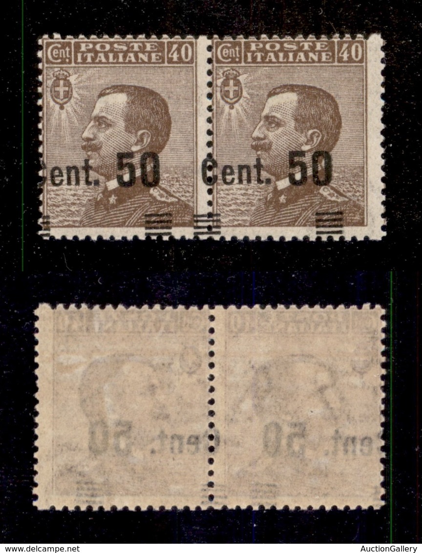 REGNO D'ITALIA - 1923 - 50 Cent Su 40 Michetti (139e/qi) - Coppia Con Soprastampe Oblique - Sbarrette In Basso - Gomma I - Otros & Sin Clasificación