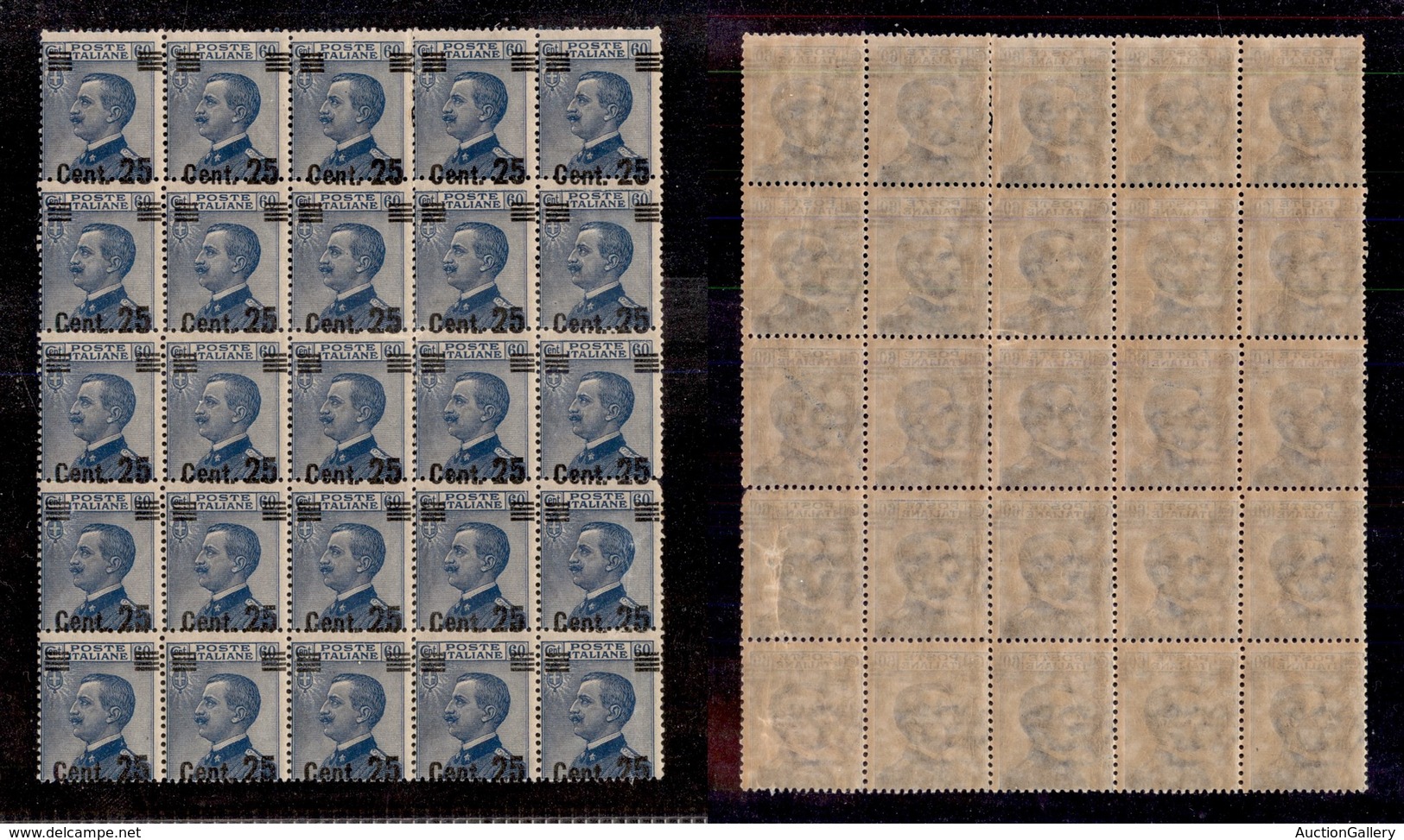 REGNO D'ITALIA - 1924 - 25 Cent Su 60 Michetti (178 Varietà B) - Blocco Di 25 Con Soprastampe Oblique - Gomma Integra -  - Otros & Sin Clasificación