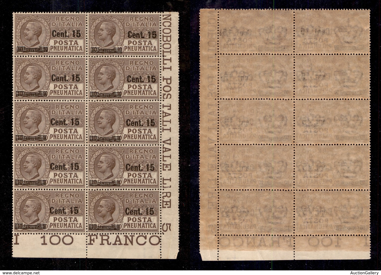 REGNO D'ITALIA - 1924 - Posta Pneumatica - 15 Cent Su 10 (4) - Blocco Angolare Di 10 - Gomma Integra - Ottimamente Centr - Other & Unclassified