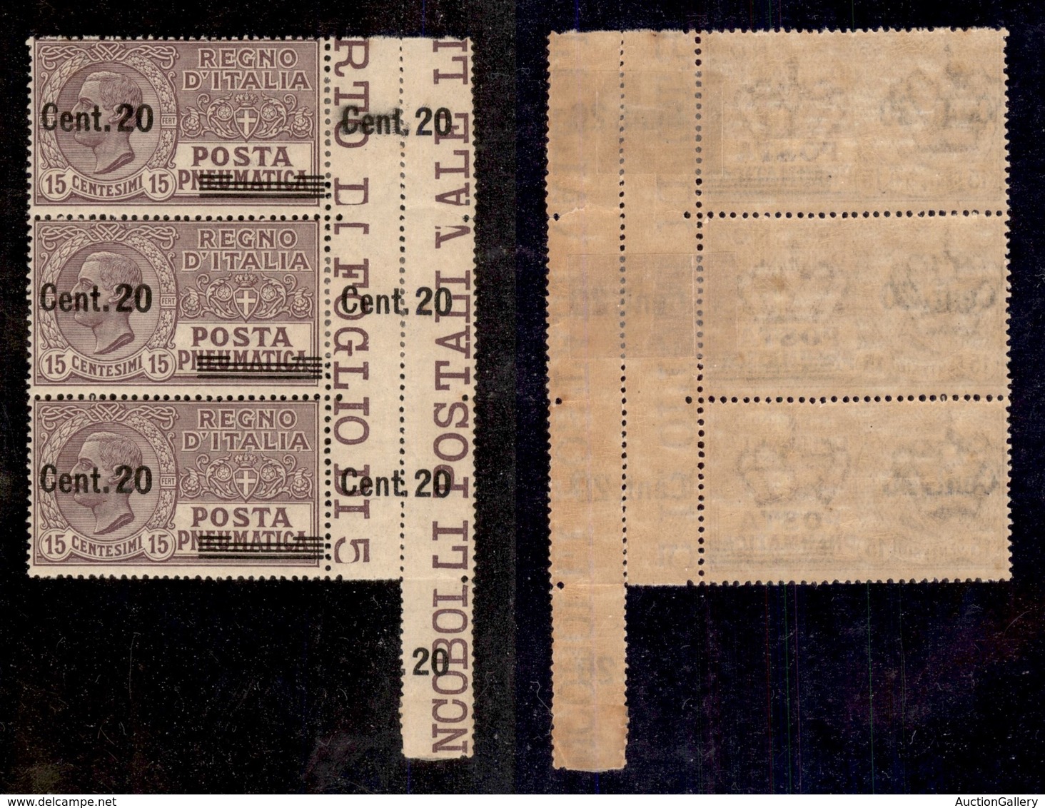 REGNO D'ITALIA - 1925 - Posta Pneumatica - 20 Cent Su 15 (6fa) - Striscia Verticale Di 3 Bordo Foglio Con Soprastampa Sp - Otros & Sin Clasificación