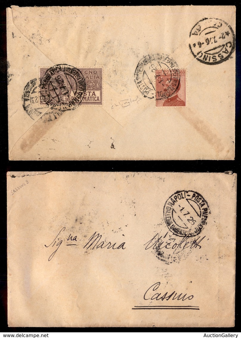 REGNO D'ITALIA - 20 Cent (8-Posta Pneumatica) + Complementare (111) Al Retro Di Busta Da Napoli A Cassino Del 1.7.26 - Otros & Sin Clasificación