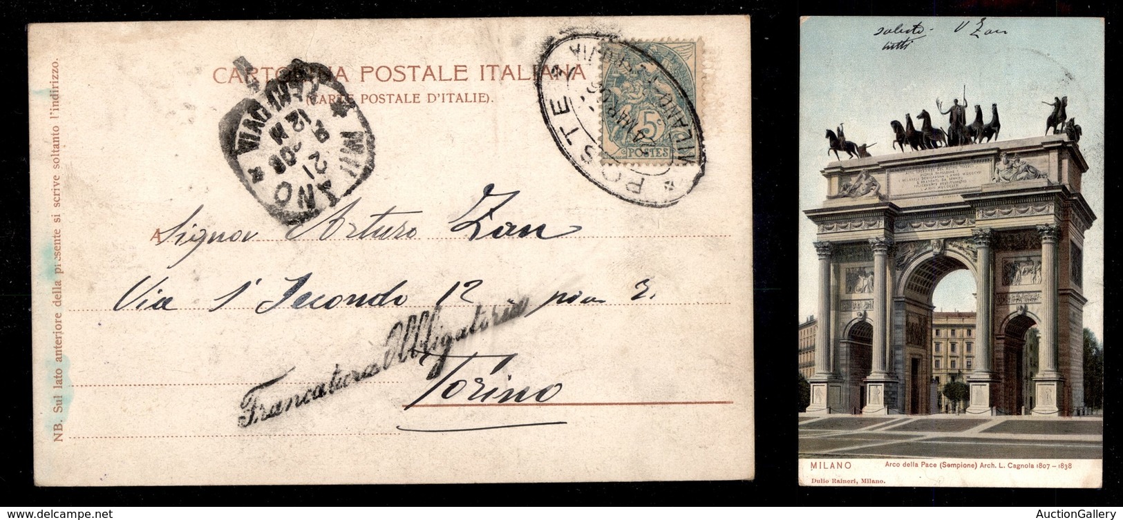 REGNO D'ITALIA - Poste Milano Ferrovia + Francatura Obbligatoria - Cartolina Affrancata Con 5 Cent Allegoria (90-Francia - Otros & Sin Clasificación