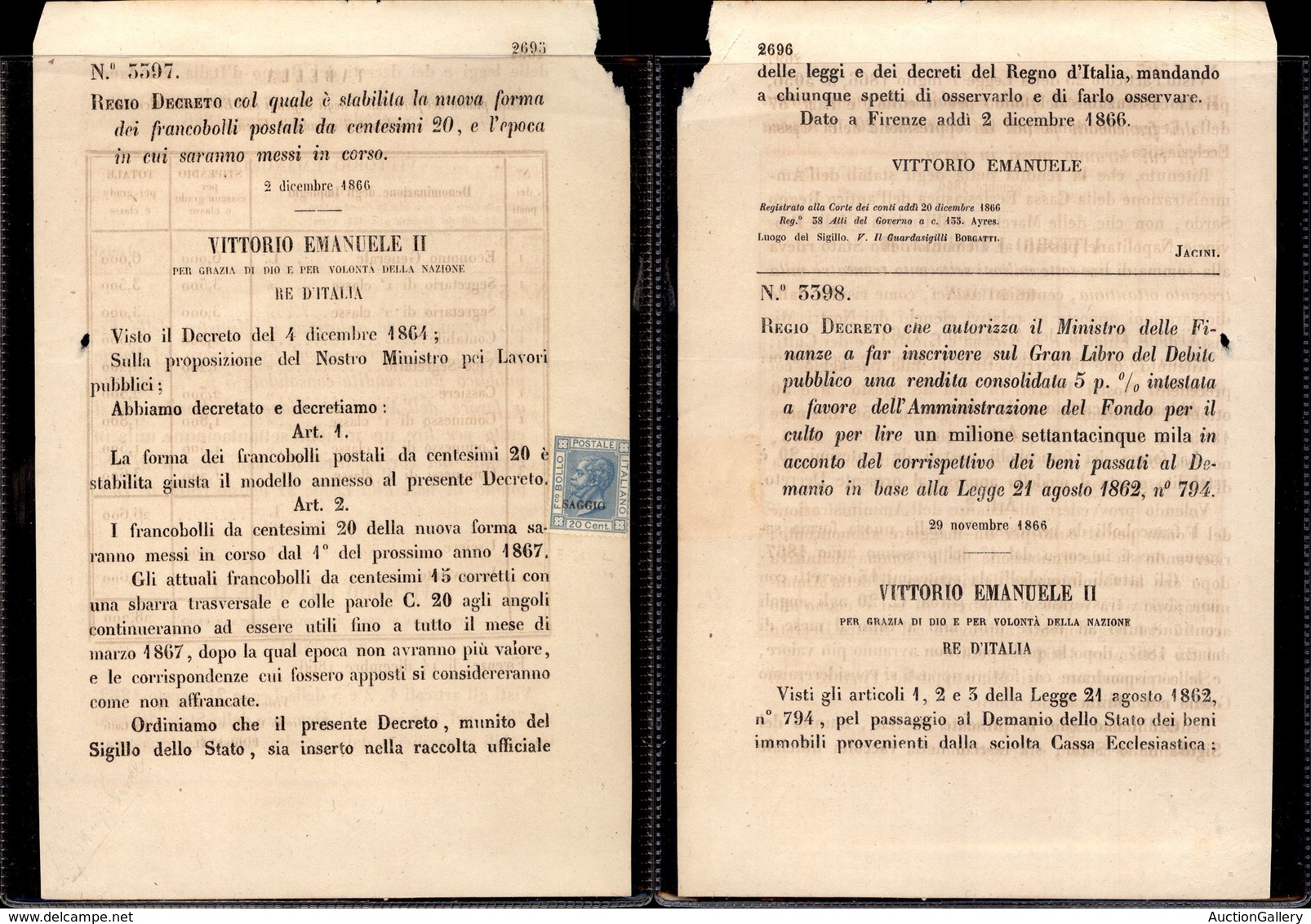 REGNO D'ITALIA - 1866 - Decreto 3397 Col 20 Cent Saggio (26) - Otros & Sin Clasificación
