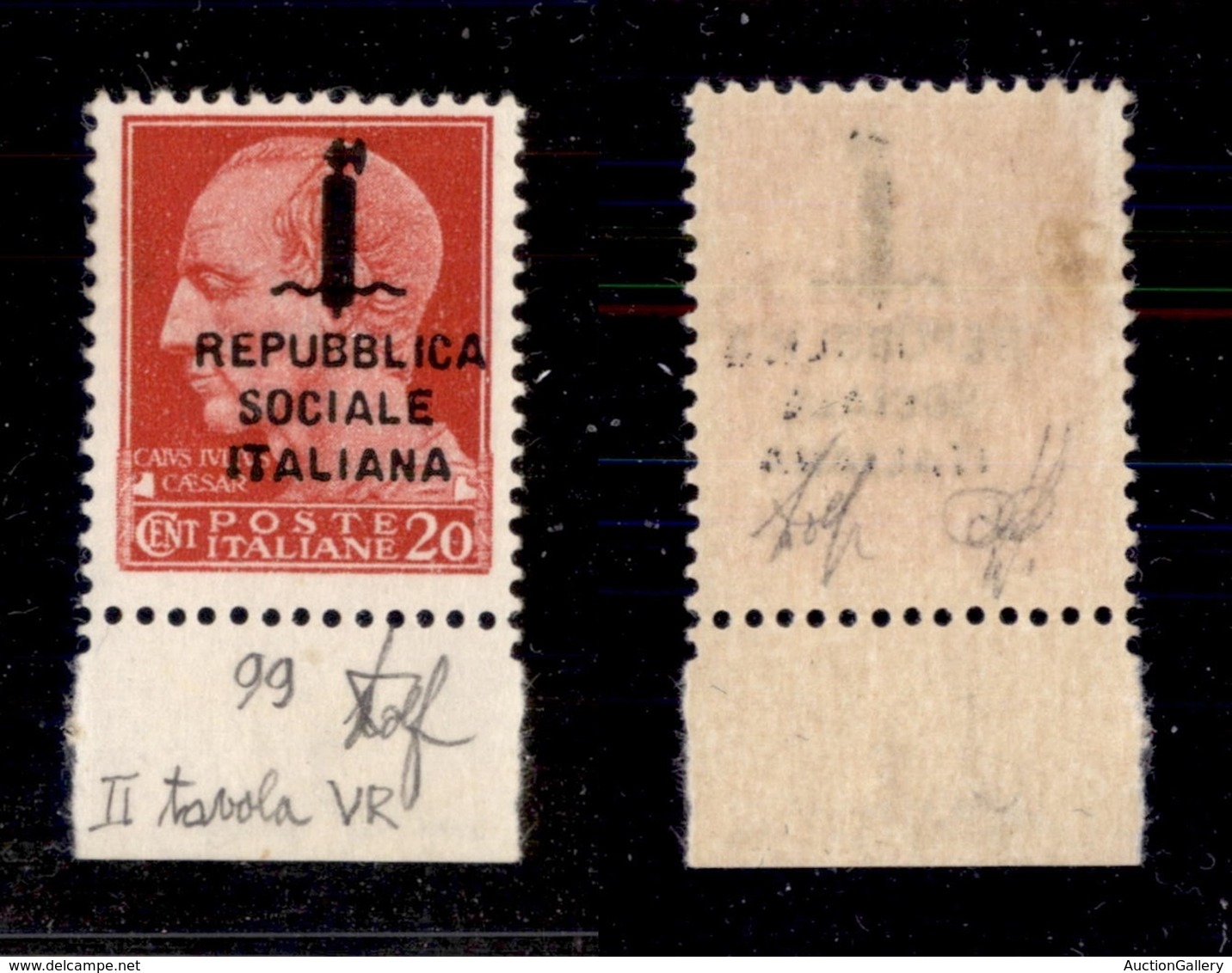 REPUBBLICA SOCIALE - GNR VERONA - 1944 - Verona - 20 Cent Augusto (495/A) Bordo Foglio (pos.99) - Gomma Integra - Cert.  - Otros & Sin Clasificación