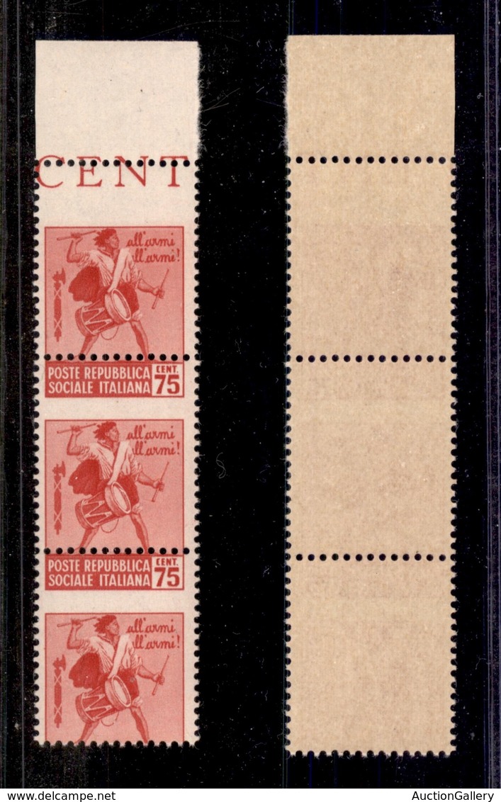 REPUBBLICA SOCIALE - MONUMENTI DISTRUTTI - 1944 - 75 Cent Tamburino (508cc+due 508cb) - Striscia Verticale Di Tre Bordo  - Otros & Sin Clasificación