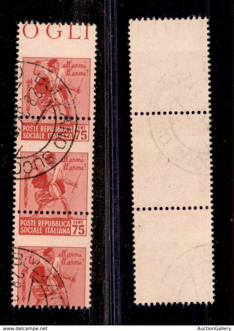 REPUBBLICA SOCIALE - MONUMENTI DISTRUTTI - 1944 - 75 Cent Tamburino (508cc/508cb) - Striscia Verticale Di Tre Bordo Fogl - Otros & Sin Clasificación