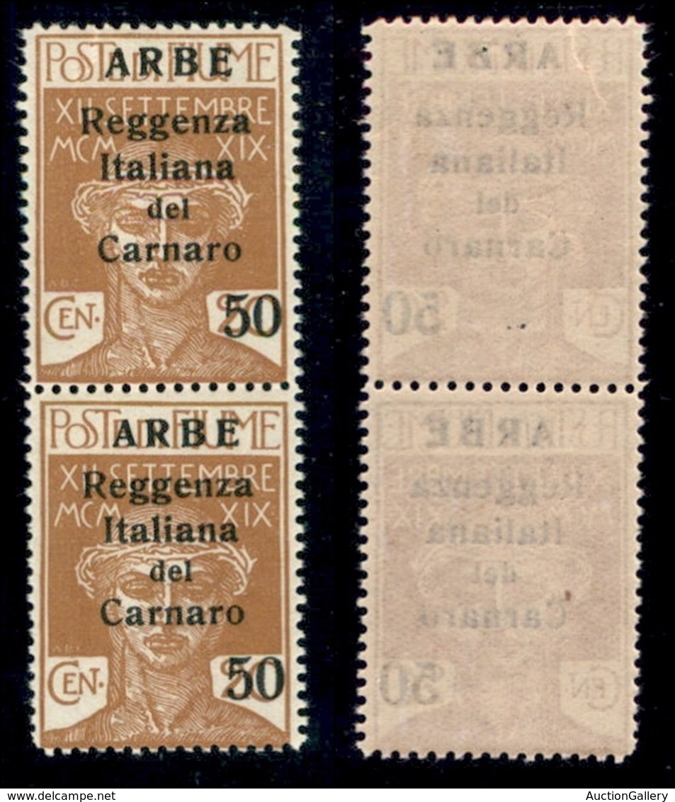 OCCUPAZIONI - ARBE - 1920 - 50 Cent Su 20 (9) - Coppia Verticale - Gomma Integra (600) - Arbe & Veglia