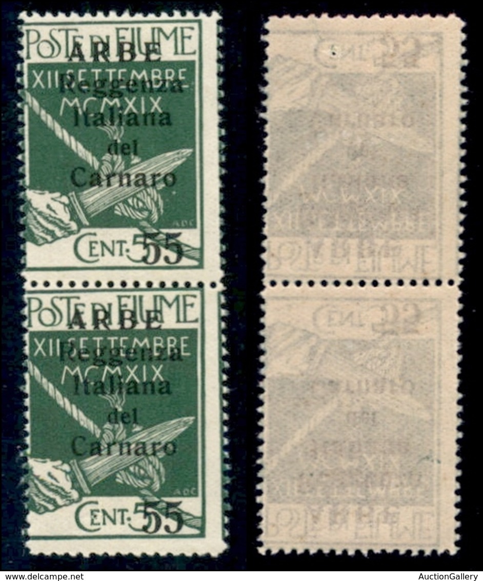 OCCUPAZIONI - ARBE - 1920 - 55 Cent Su 5 (10) - Coppia Verticale - Gomma Integra (600) - Arbe & Veglia