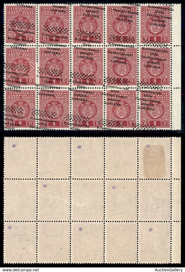 OCCUPAZIONI - LUBIANA - 1941 - Segnatasse - 1 Din (7d) - Blocco Di 15 Bordo Foglio Con Soprastampe Oblique - Gomma Integ - Lubiana