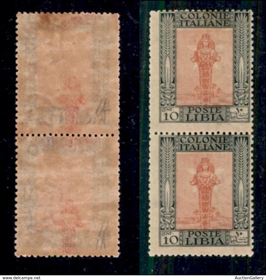 COLONIE - LIBIA - 1921 - 10 Cent Pittorica (24z) - Coppia Verticale Con Decalco Della Statua Spostato A Cavallo - Gomma  - Libyen