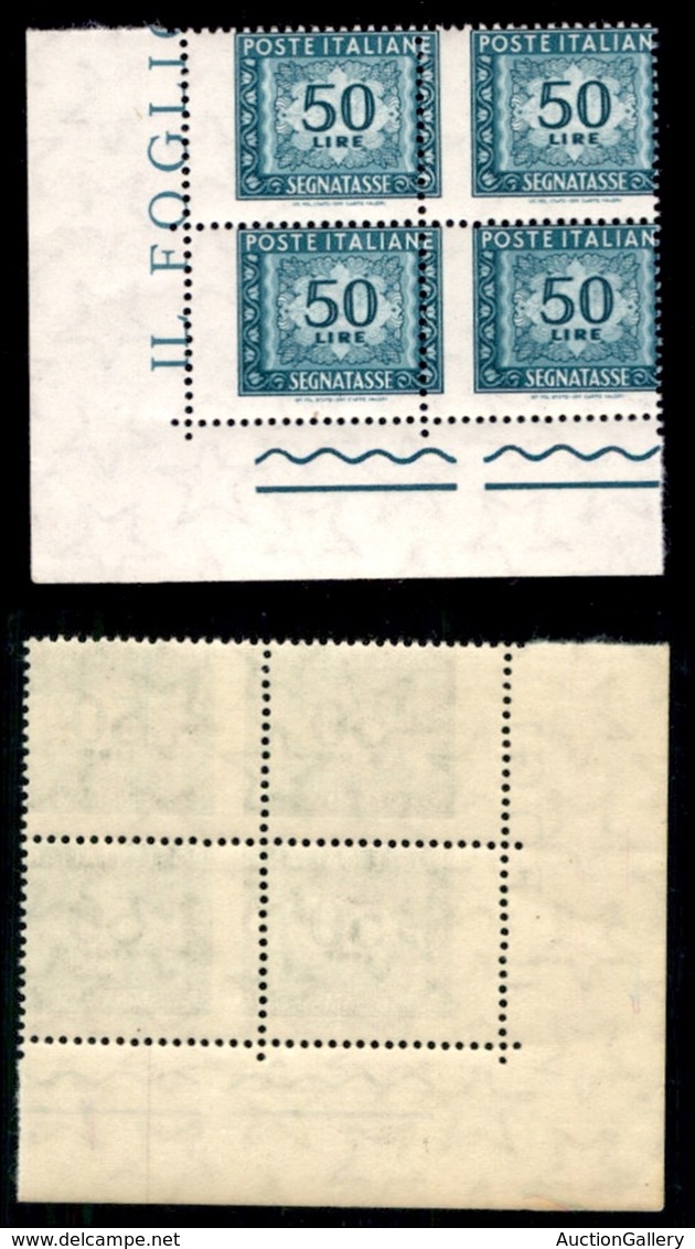 REPUBBLICA - 1957 - Segnatasse - 50 Lire (118/IIf) - Quartina Angolare Con Dentellatura Verticale Spostata E Sul Bordo ( - Otros & Sin Clasificación