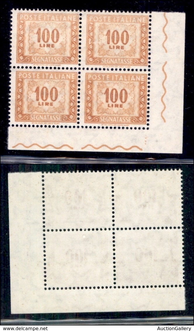 REPUBBLICA - 1957 - Segnatasse - 100 Lire (119/IIaa) - Quartina Angolare Con Stampa Evanescente - Gomma Integra (1.600+) - Otros & Sin Clasificación