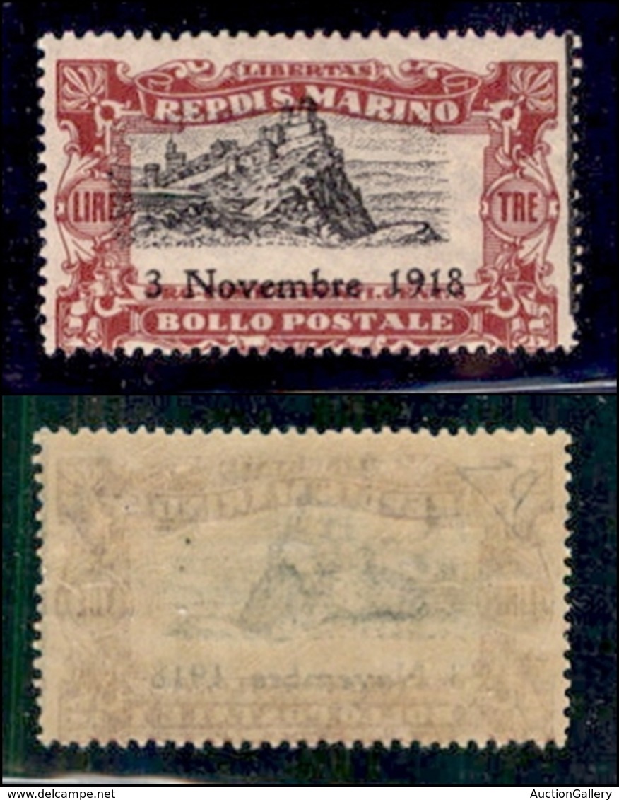 SAN MARINO - 1918 - 3 Lire Vittoria (68b Varietà Ca) - Centro Spostato Nei Due Sensi + Spazio Tipografico A Destra - Gom - Otros & Sin Clasificación