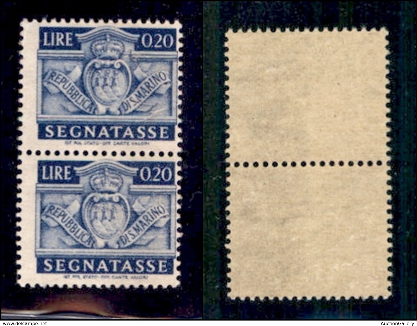 SAN MARINO - 1945 - Segnatasse - 20 Cent (68d) - Coppia Verticale Su Carta Doppia (ricongiunta) - Gomma Integra (400) - Otros & Sin Clasificación