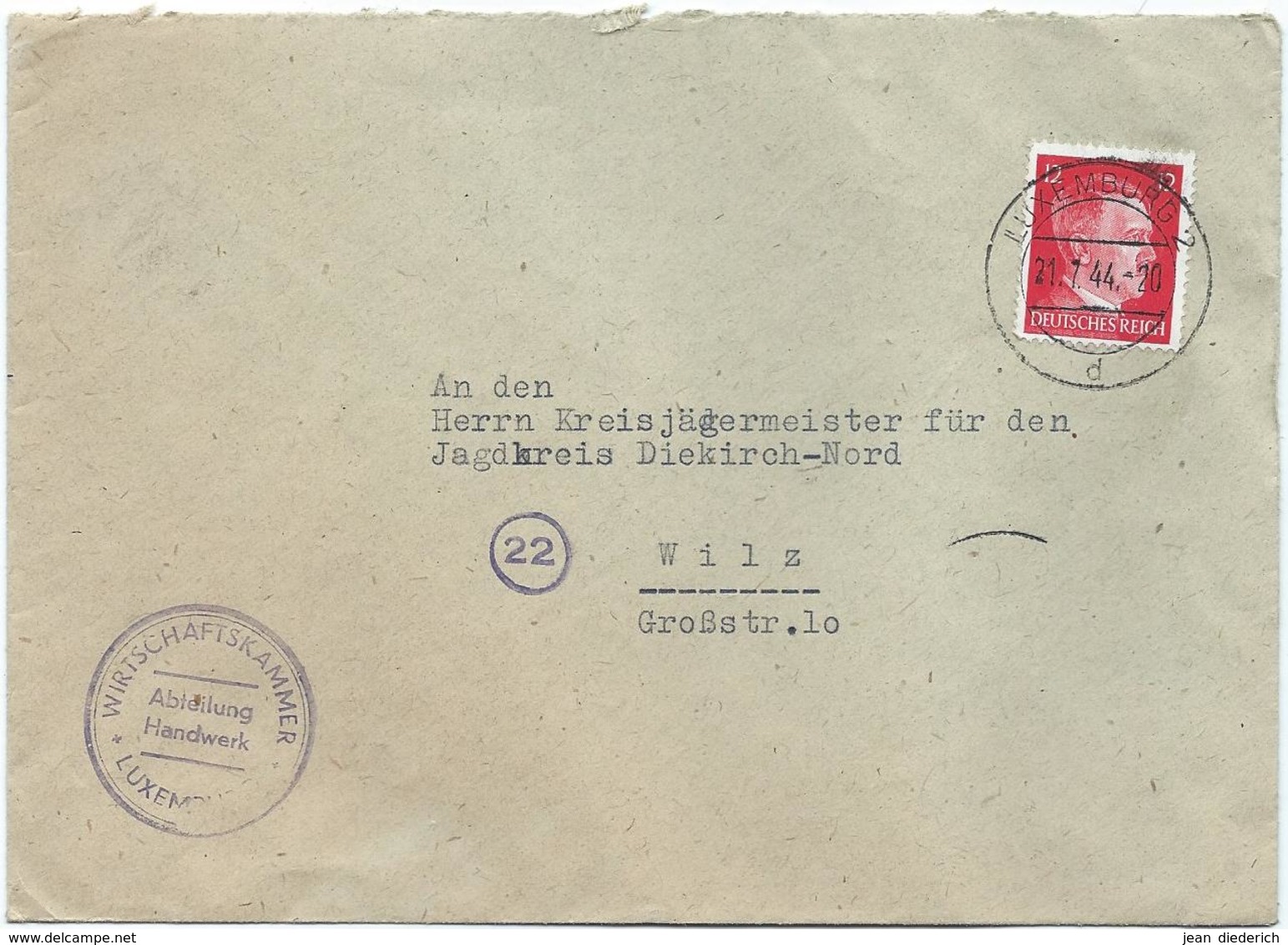 Mi. 827 (Adolf Hitler) - Auf Brief Stempel Luxemburg 2 D - 21-07-1944 Nach Wiltz, Kreisjägermeister - 1940-1944 German Occupation