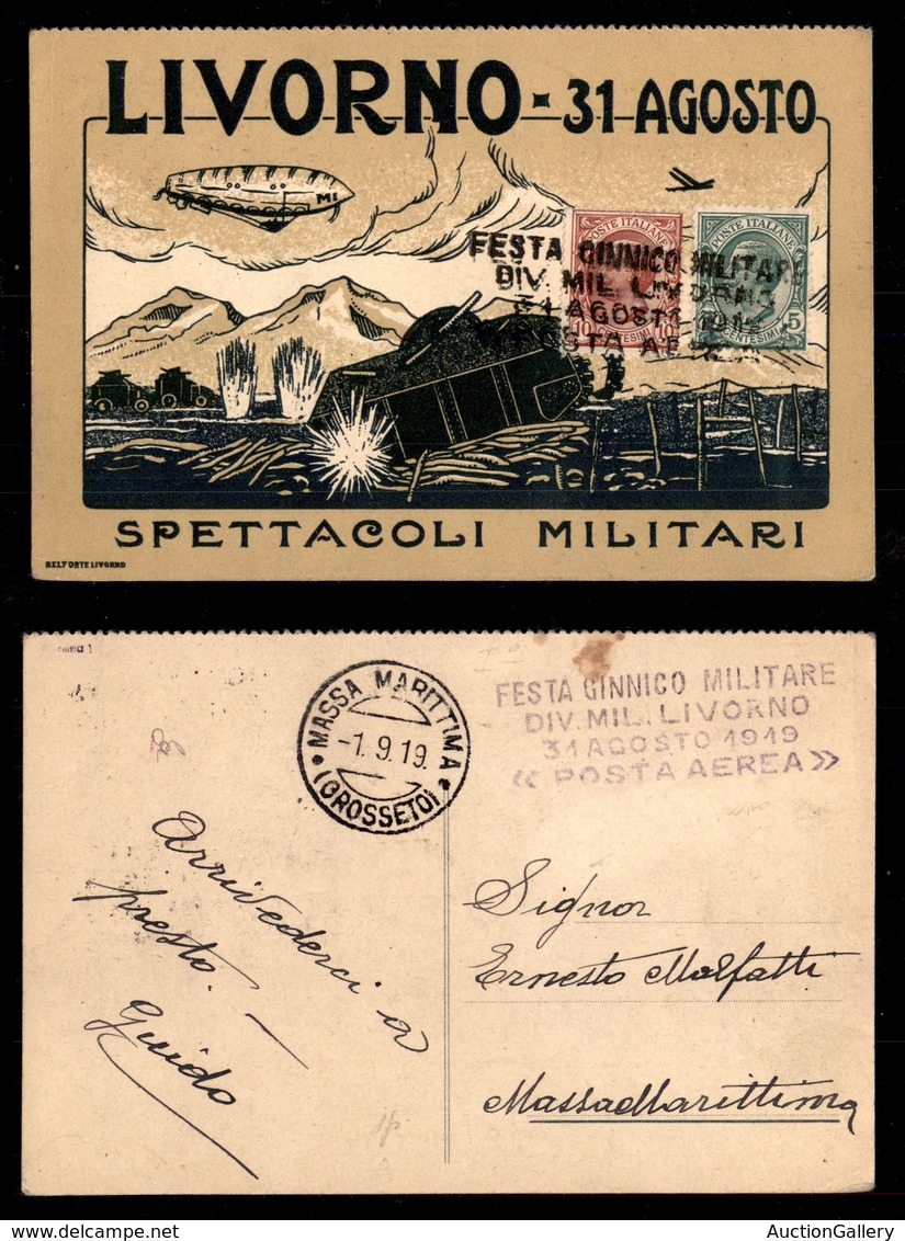 POSTA AEREA  - 1919 (31 Agosto) - Livorno Spettacoli Militari (1099) - Timbro Speciale Nero (annullatore) Ripetuto In  V - Otros & Sin Clasificación