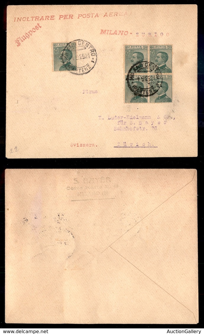 POSTA AEREA  - 1925 (9 Settembre) - Milano Zurigo (1393) - Milano/Partenze 4.9.25.21 (non Catalogato) - Otros & Sin Clasificación