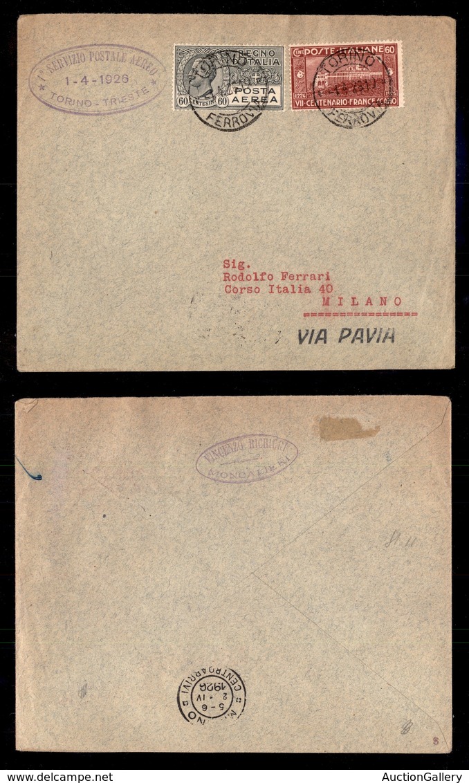 POSTA AEREA  - 1926 (1 Aprile) - Torino Pavia (1439) - Aerogramma Per Milano - 260 Volati - Otros & Sin Clasificación