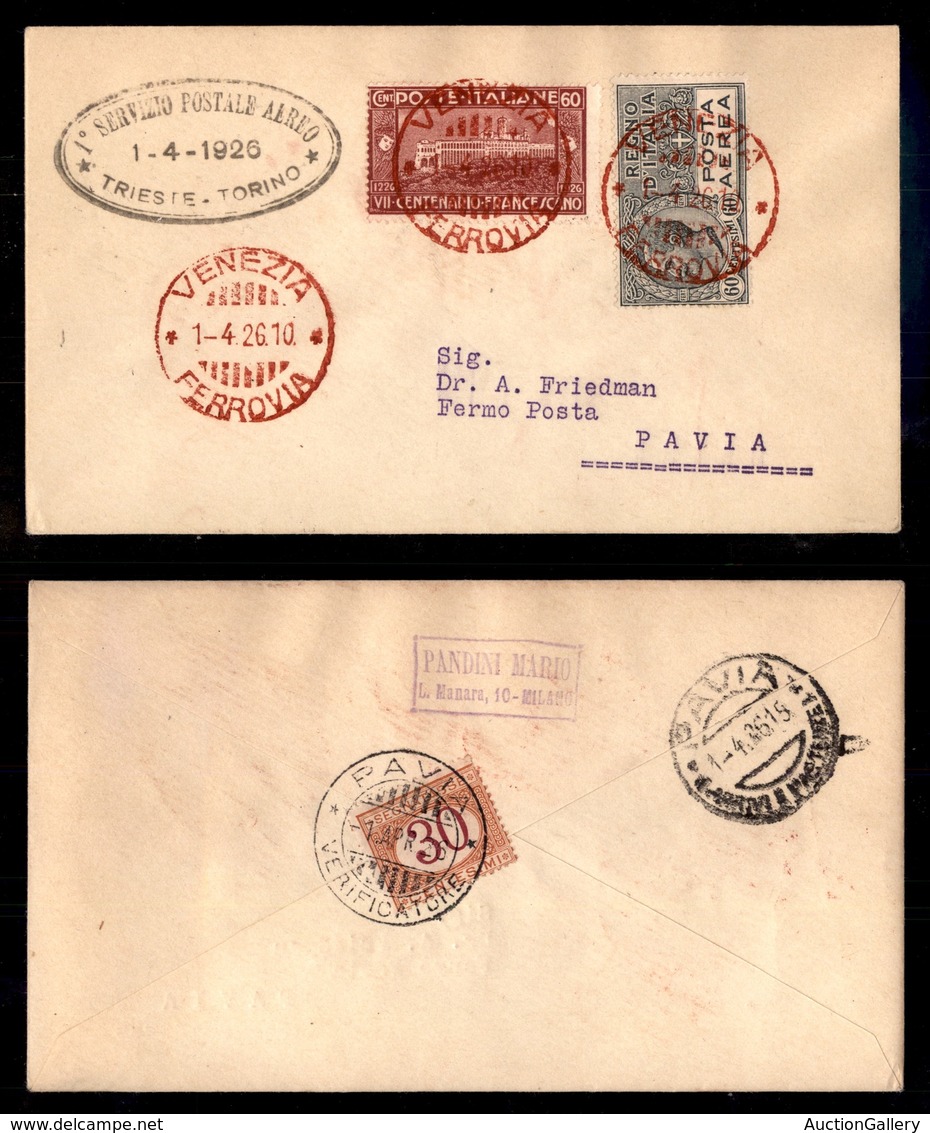 POSTA AEREA  - 1926 (1 Aprile) - Venezia Pavia (1458) - 100 Volati - Otros & Sin Clasificación