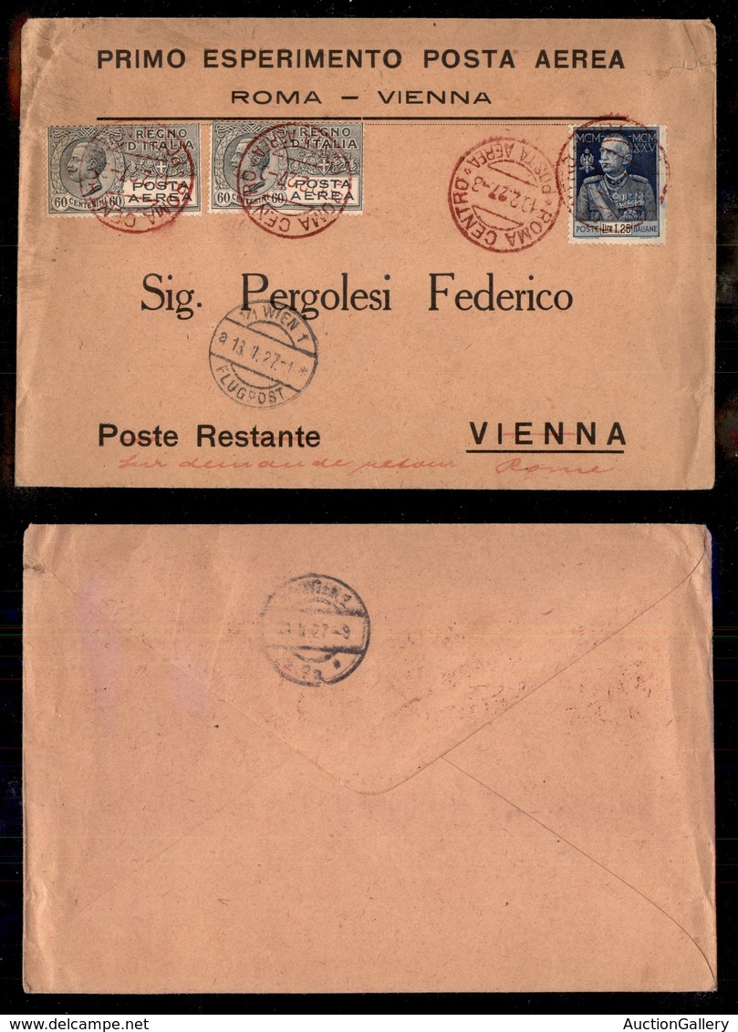POSTA AEREA  - 1927 (11 Febbraio) - Roma Vienna (1687) 50/60 Volati - Sonstige & Ohne Zuordnung